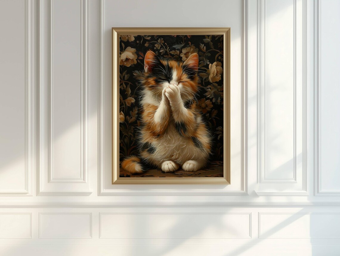 Calico Kitten Covering Its Face with Paws Peekaboo Funny Cat Poster - Image 6
