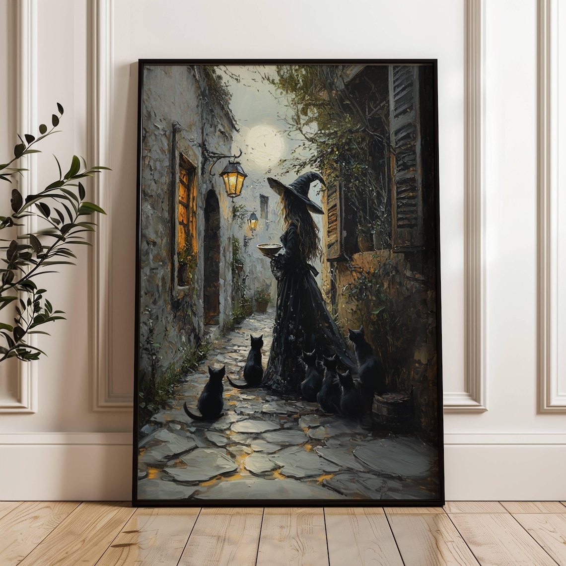 Witch Feeding Cats, Whimsigoth Cat Wall Art Print