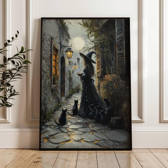 Witch Feeding Cats, Whimsigoth Cat Wall Art Print