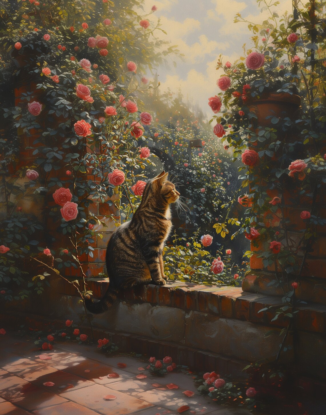 Tabby Cat on Brick Garden Wall Among Roses Golden Light Painting Poster - Image 5