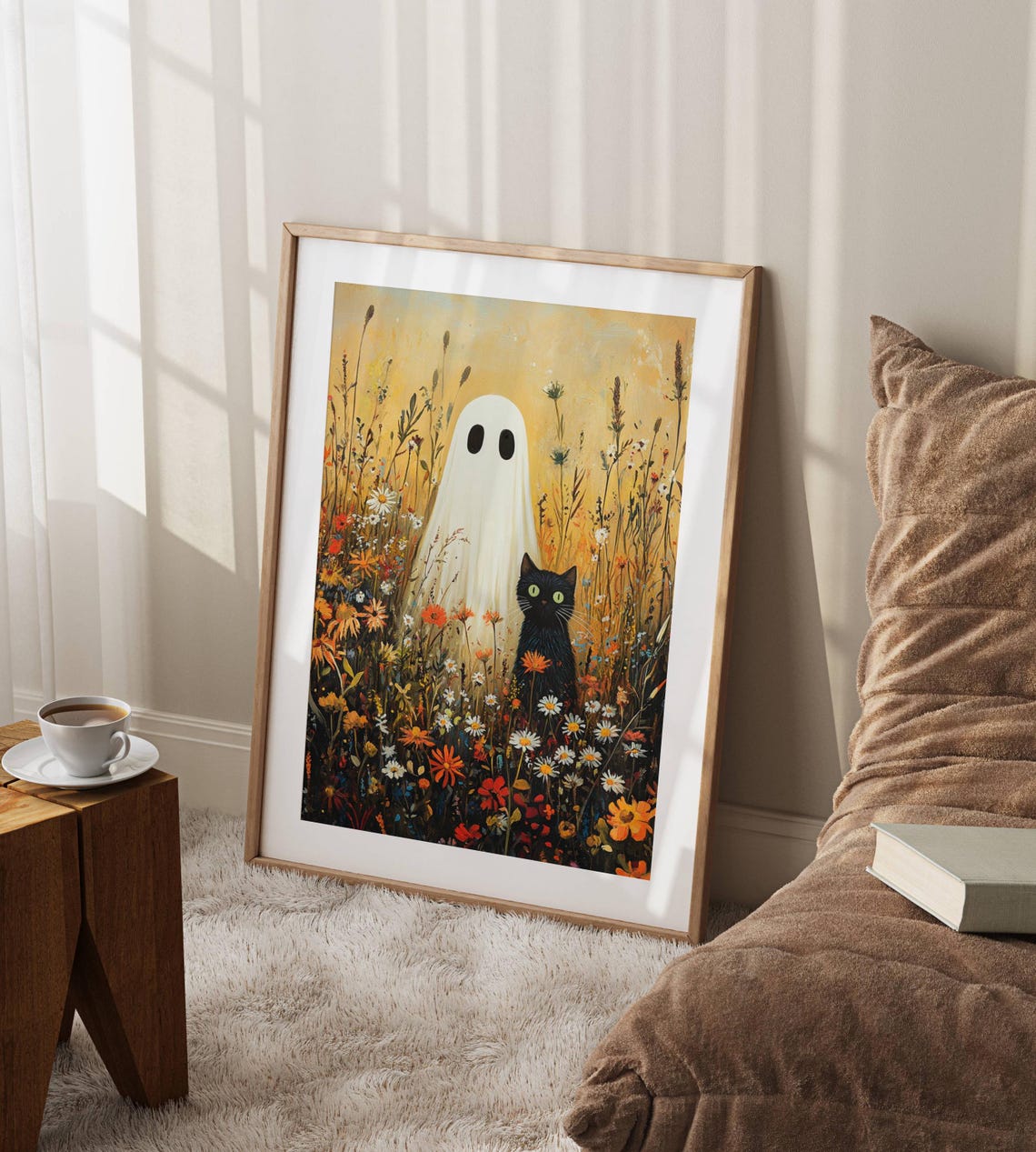 Black Cat and Ghost in a Golden Autumn Wildflower Meadow Poster - Image 3