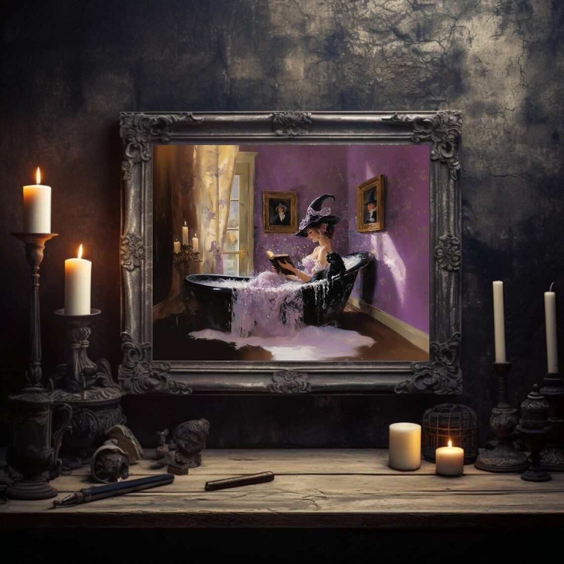 Witch Reading in Bathtub, Witchy Bathroom Art Print - Image 3