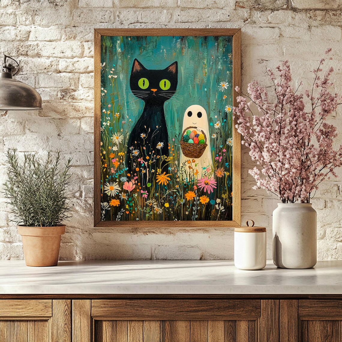 Black Cat and Tiny Ghost Hunting Easter Eggs Among Spring Wildflowers Poster - Image 4