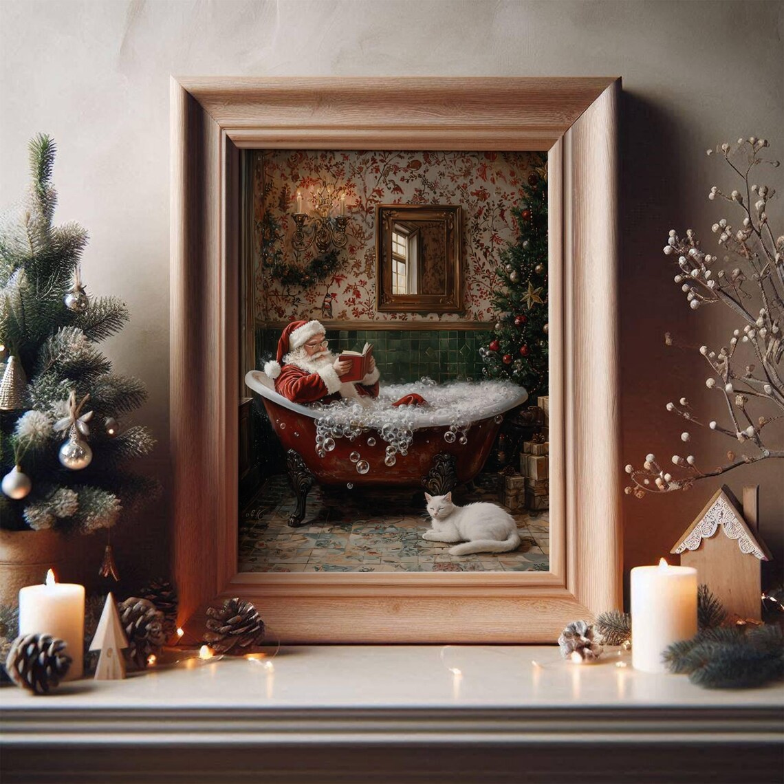 Santa Claus Reading in Bathtub Christmas Poster - Image 4