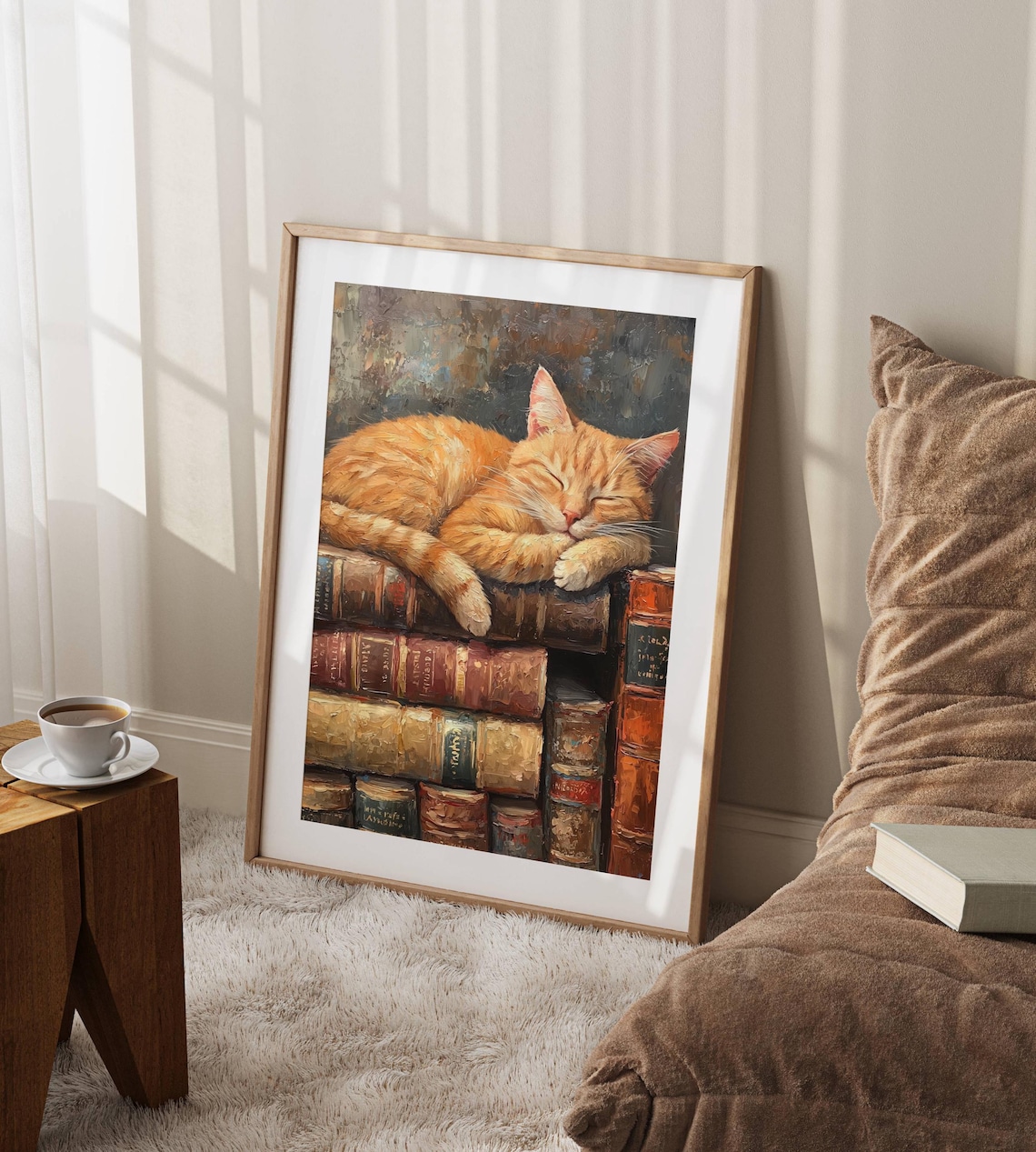 Ginger Cat Sleeping On Books, Light Academia Art Print - Image 7