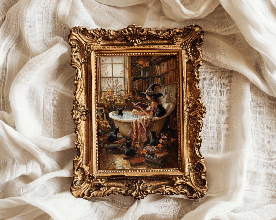 Witch Reading in Bathtub With Black Cats Print - Image 3