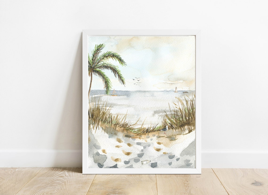 Beach Watercolor Seashore Palm Tree Seagull Sailboat Lighthouse Poster - Image 2