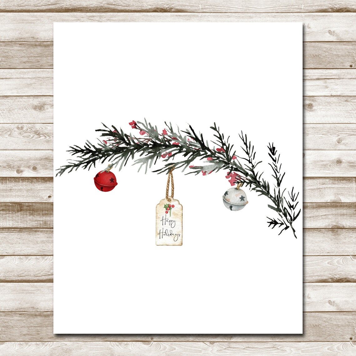 Happy Holidays Evergreen Branch Tag And Bells Christmas Poster - Image 4