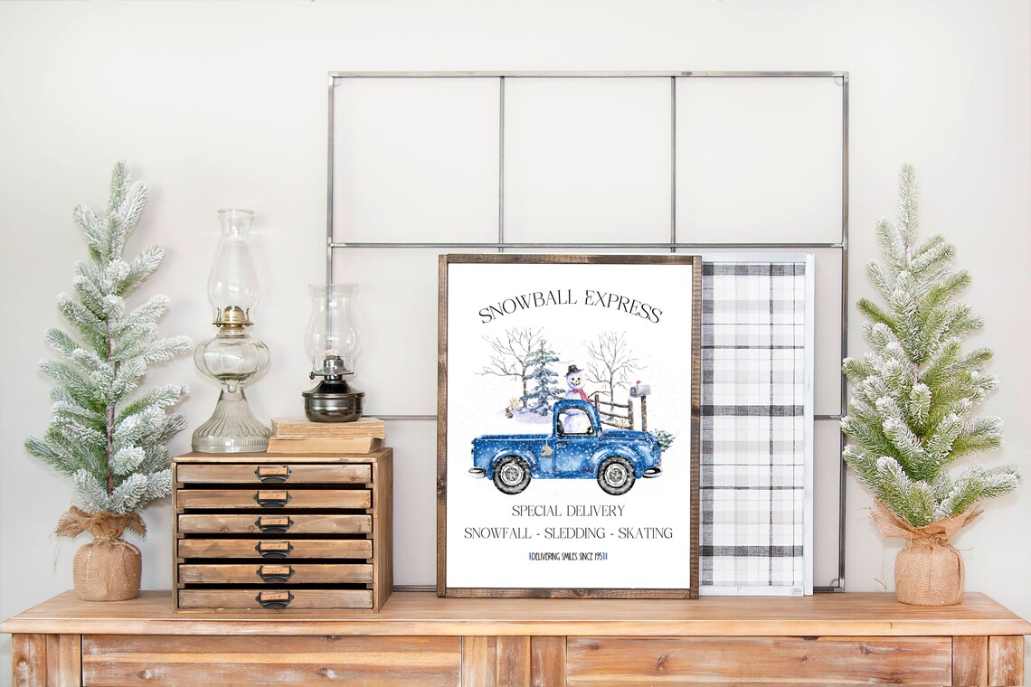 Snowball Express Blue Truck Snowman Special Delivery Winter Vintage Poster - Image 3