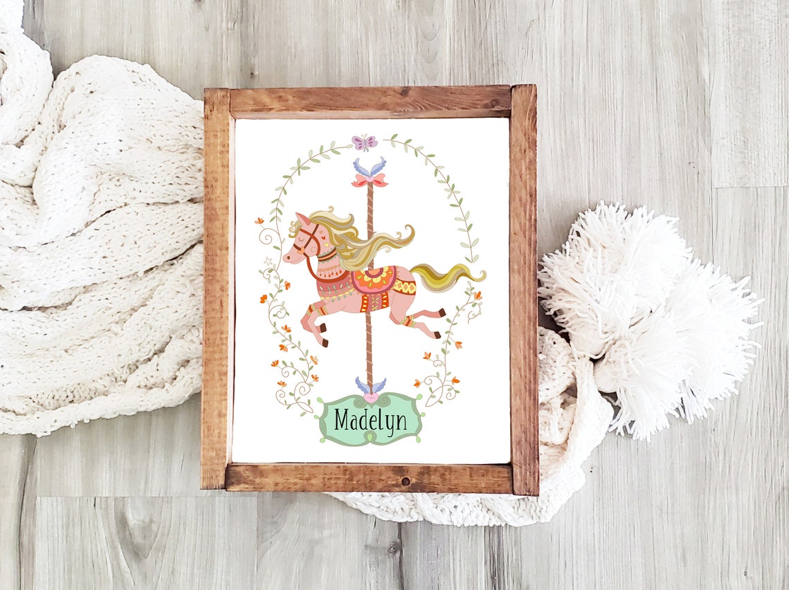 Personalized Carousel Horse Nursery Watercolor Name Sign Wall Art - Image 3