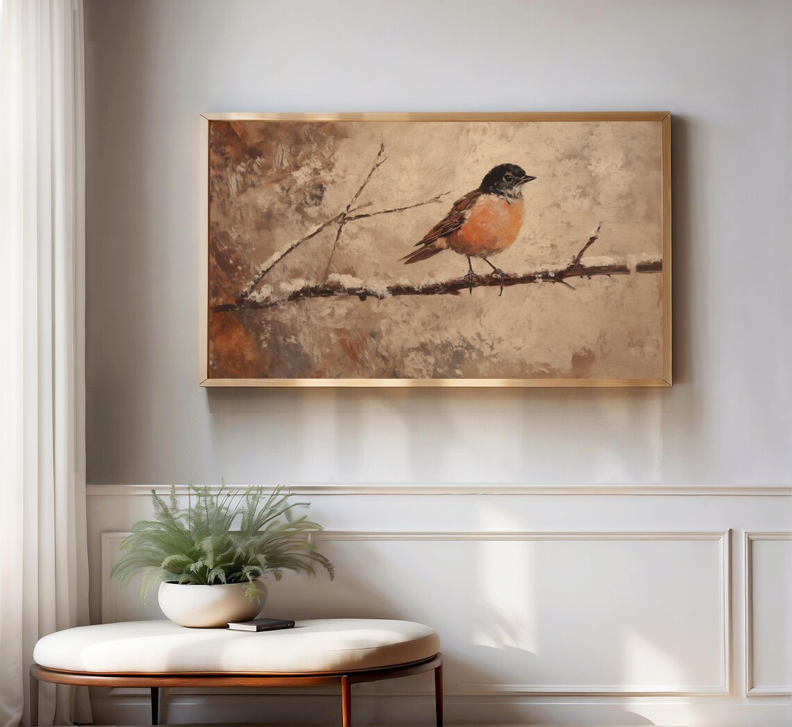 Black Headed Orange Breasted Songbird Snowy Branch Painting Poster - Image 3