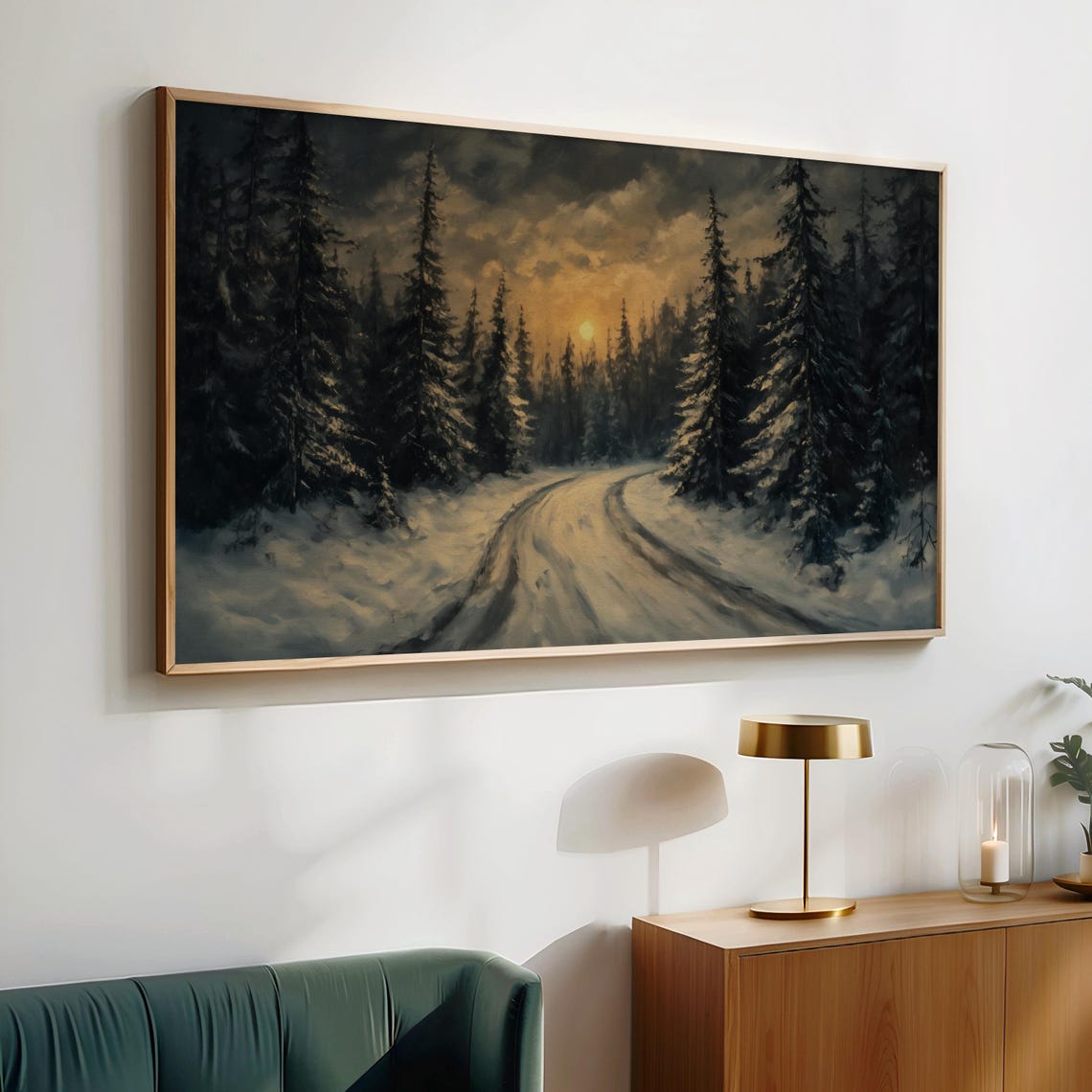 Snowy Forest Road Sunset Dark Pines Winter Frame TV Art Poster - Image 2