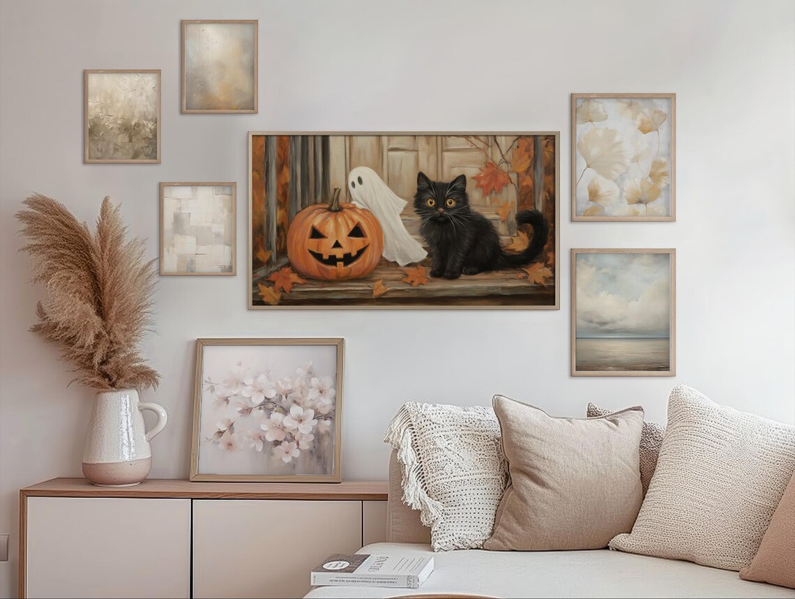 Black Cat With Ghost and Jack O Lantern Cozy Vintage Halloween Scene Wall Art - Image 2