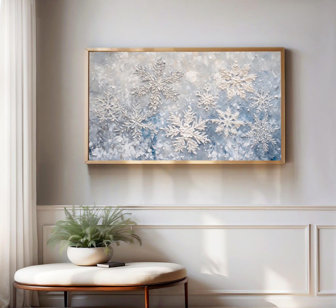 Textured Snowflake Close Up Winter White Blue Frame TV Art Poster - Image 3