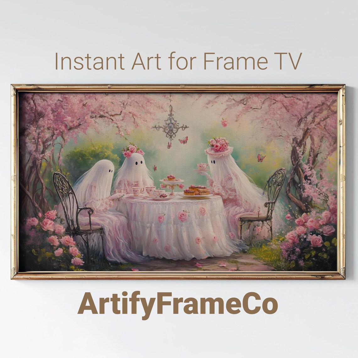 Pink Ghosts Tea Party in a Cherry Blossom Garden Vintage Halloween Wall Art