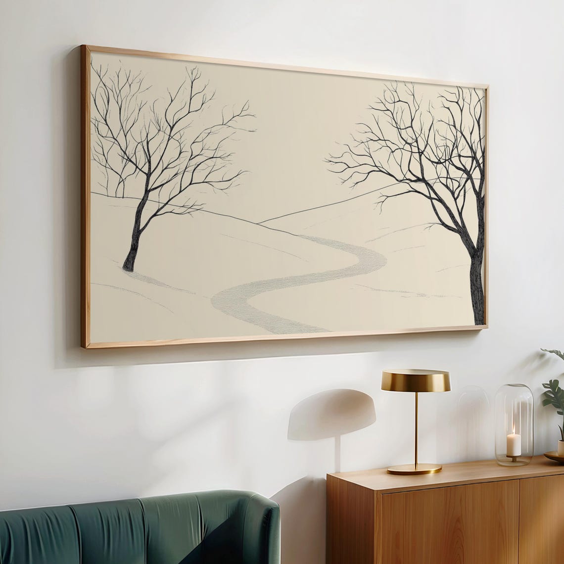 Two Bare Trees With Winding Winter Path Soft Neutral Landscape Poster - Image 2