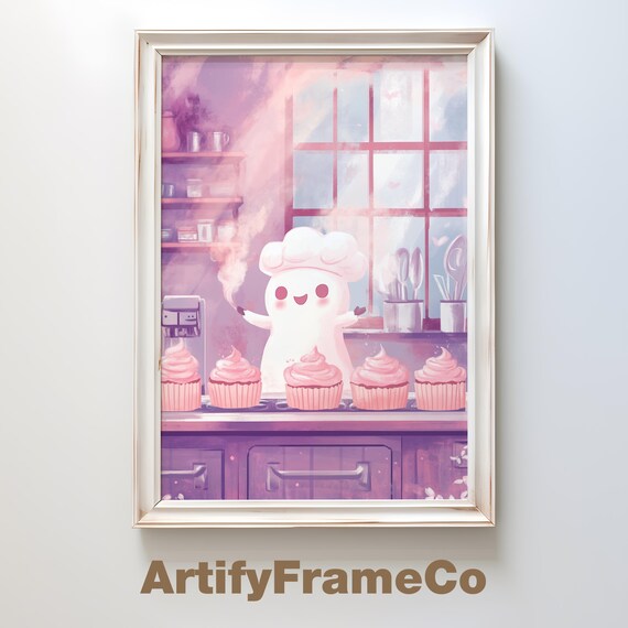 Cute Ghost Chef Baking Cupcakes In Purple Bakery Kitchen Poster