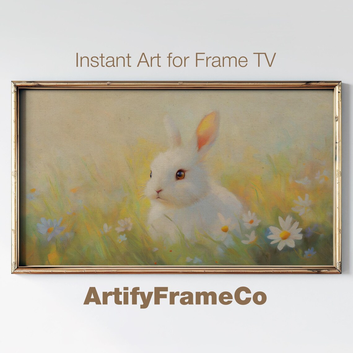 White Bunny Rabbit Among Daisies Spring Wildflowers Dreamy Pastel Art Print