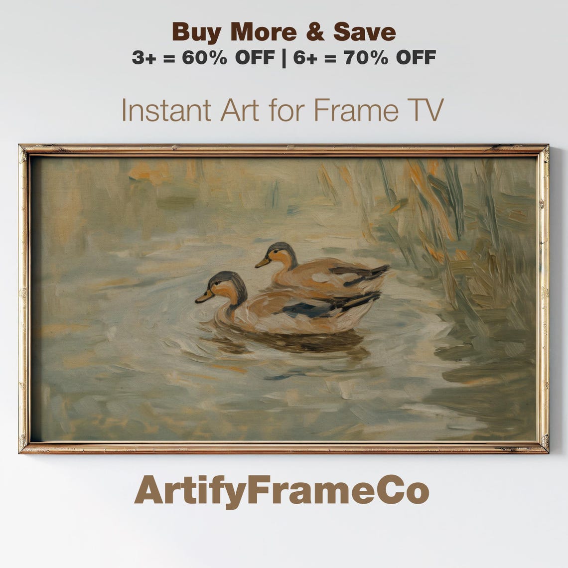 Two Mallard Ducks Swimming Marsh Reeds Impressionist Painting Poster