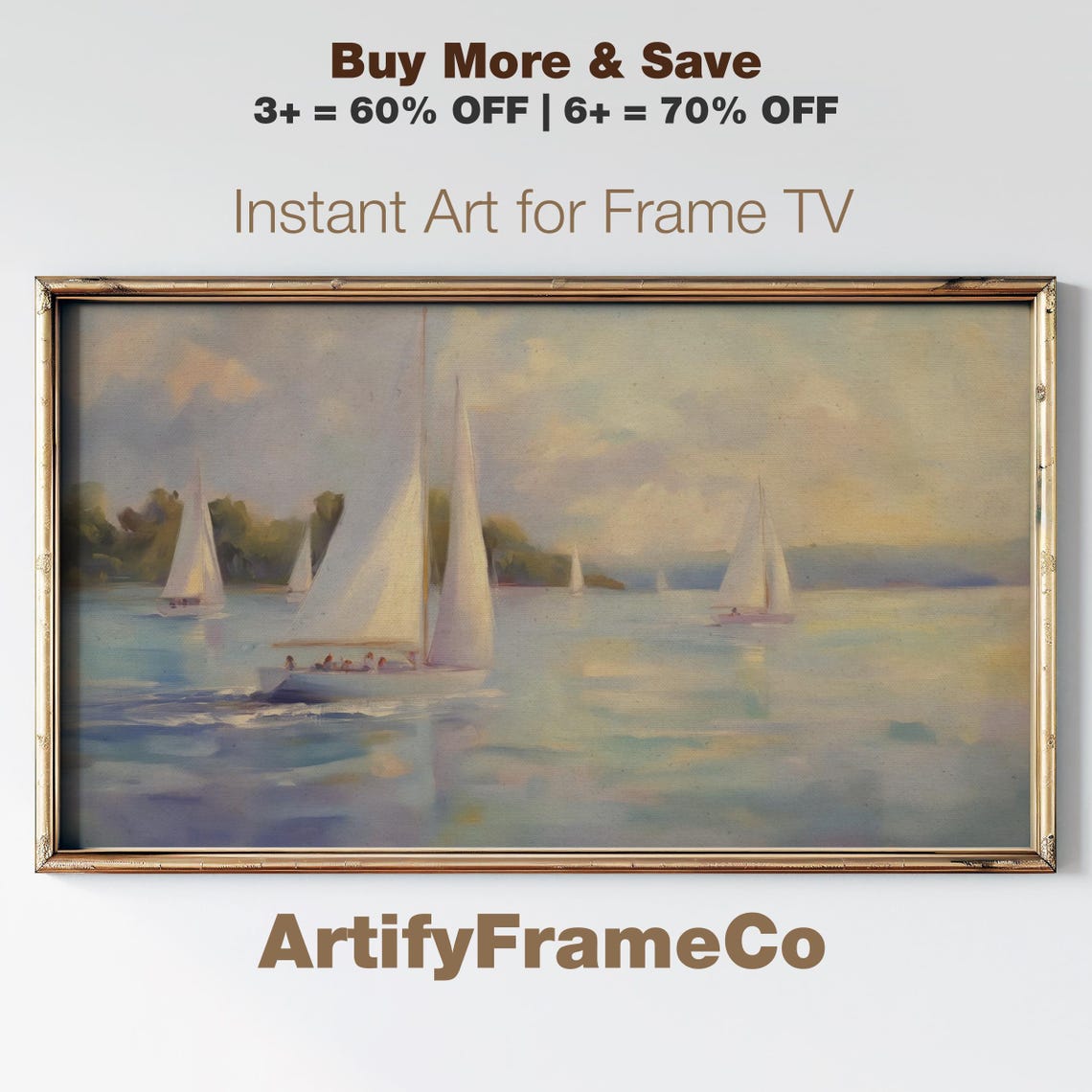Sailboat Regatta Calm Water Soft Pastel Sky Oil Painting Poster