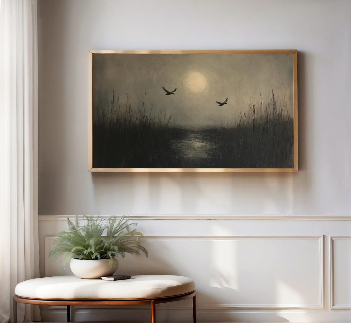 Night Marsh Flying Birds Moonlit Vintage Wildlife Frame TV Art Poster - Image 3