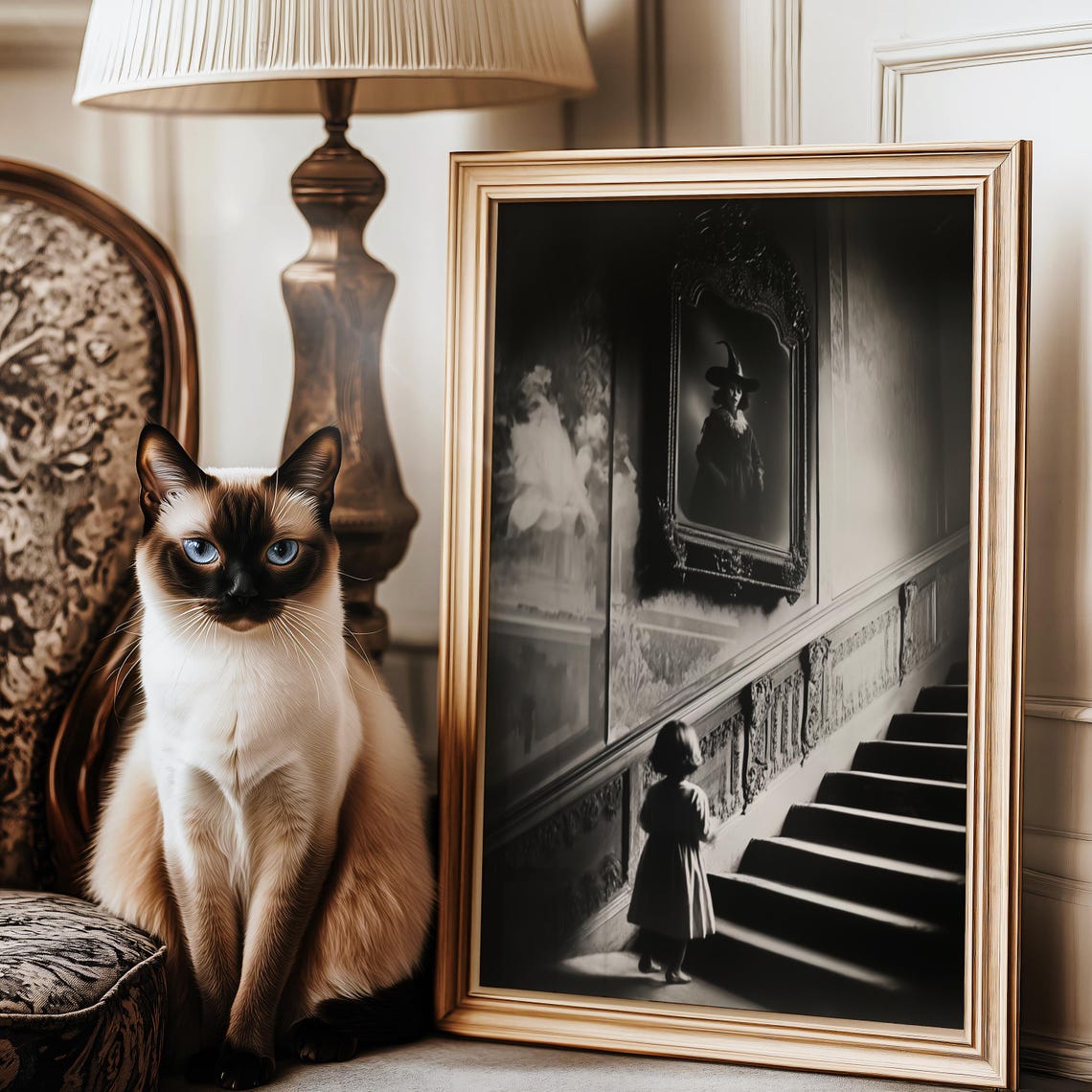 Ghostly Child On Staircase With Witch Portrait Vintage Poster - Image 3