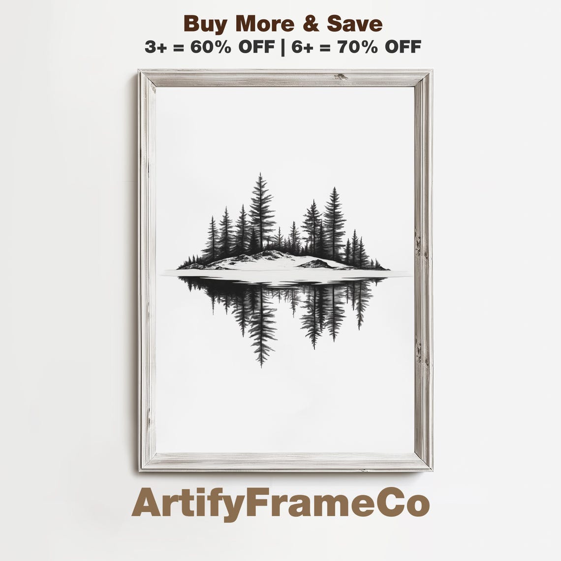 Pine Island Reflection Frozen Lake Ink Forest Landscape Poster