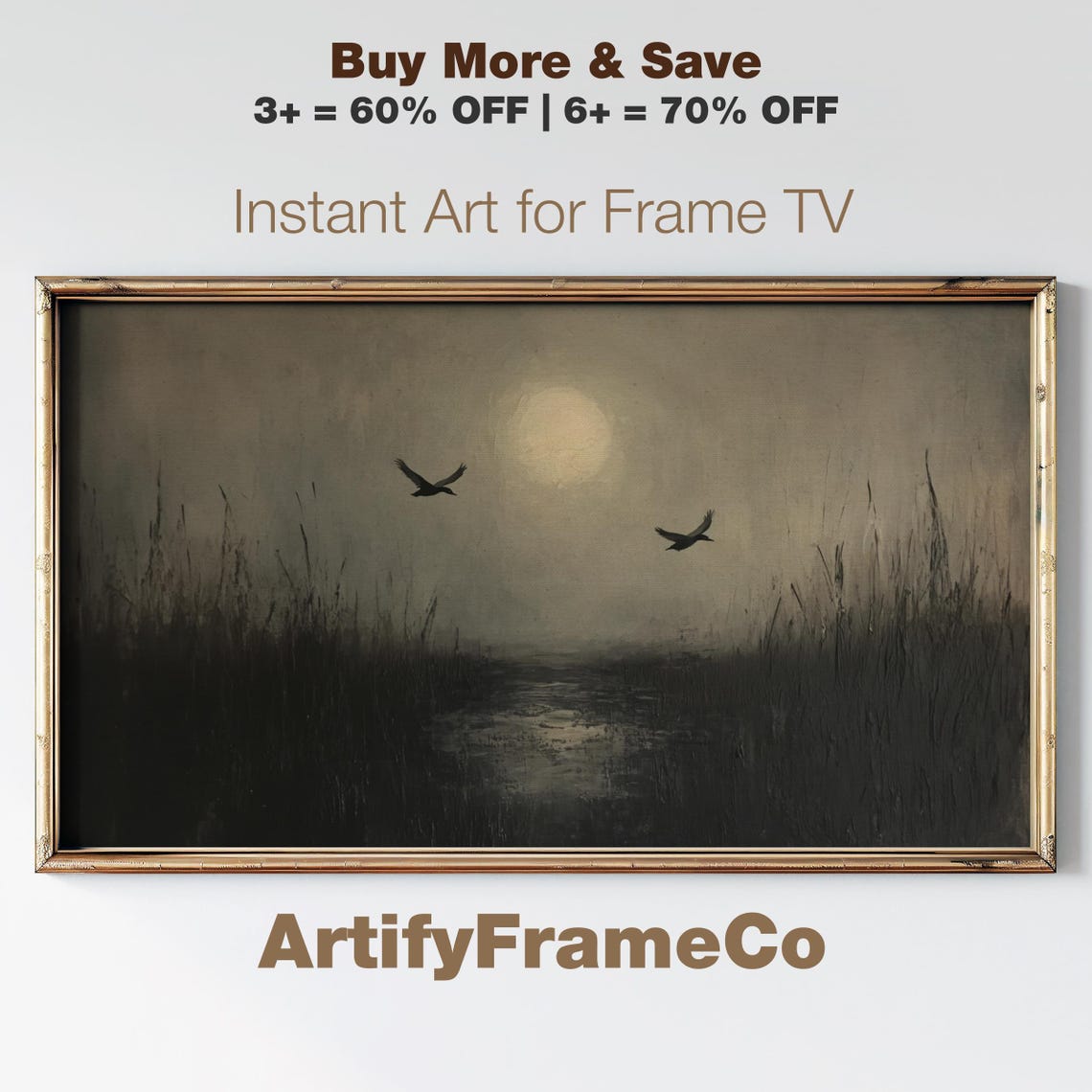 Night Marsh Flying Birds Moonlit Vintage Wildlife Frame TV Art Poster