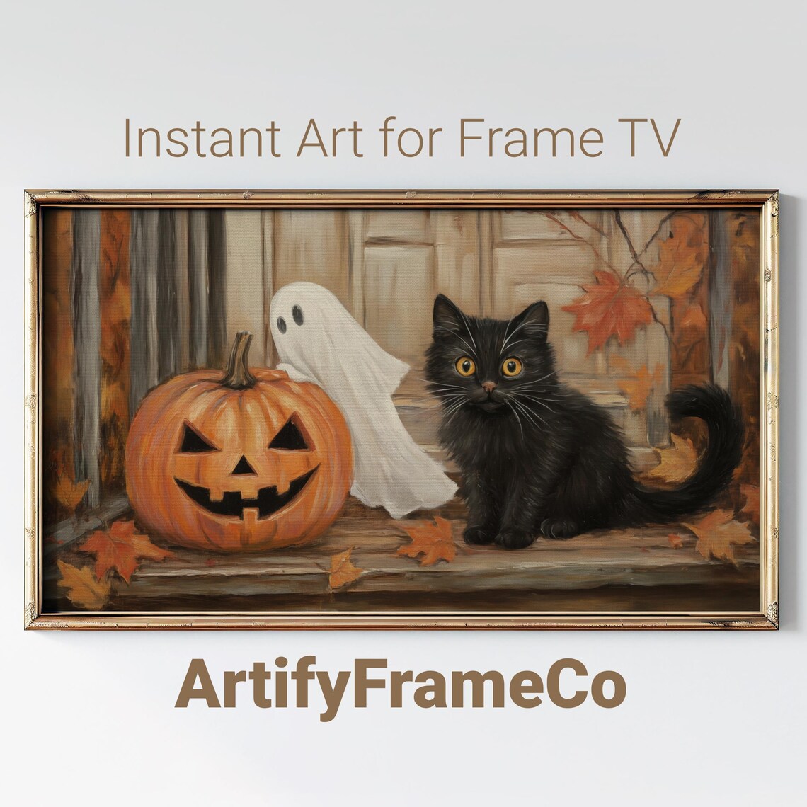 Black Cat With Ghost and Jack O Lantern Cozy Vintage Halloween Scene Wall Art