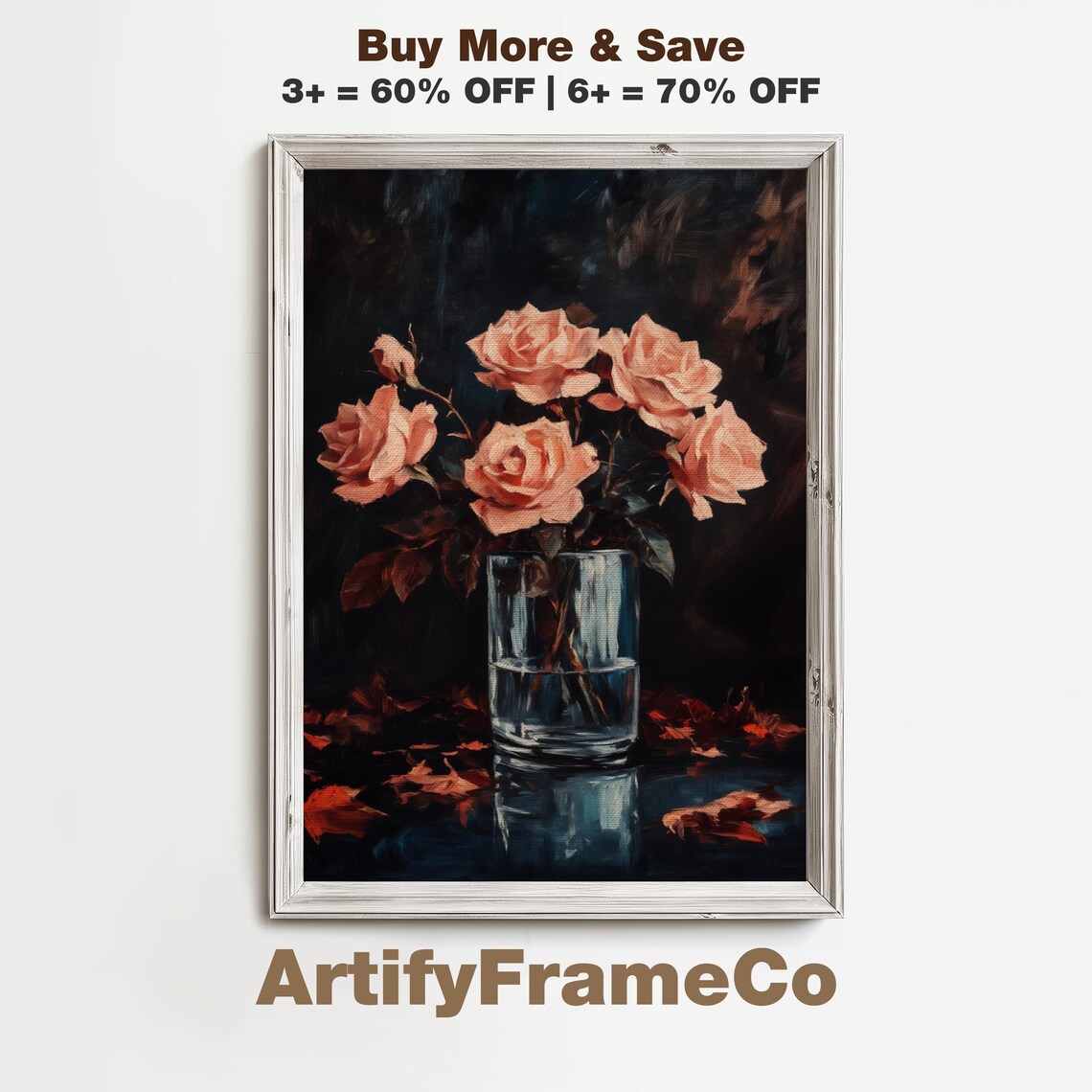 Blush Roses Glass Vase Moody Dark Floral Oil Painting Style Poster