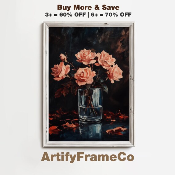 Blush Roses Glass Vase Moody Dark Floral Oil Painting Style Poster