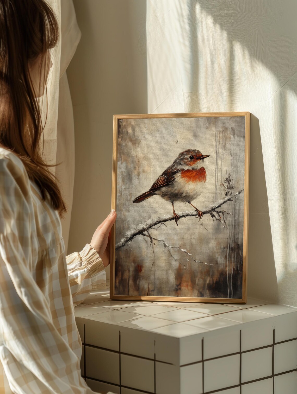 European Robin Snowy Branch Soft Winter Songbird Painting Poster - Image 2