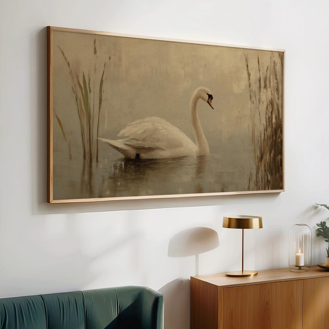 White Swan Reeds Vintage Rustic Oil Painting Frame TV Art Poster - Image 2