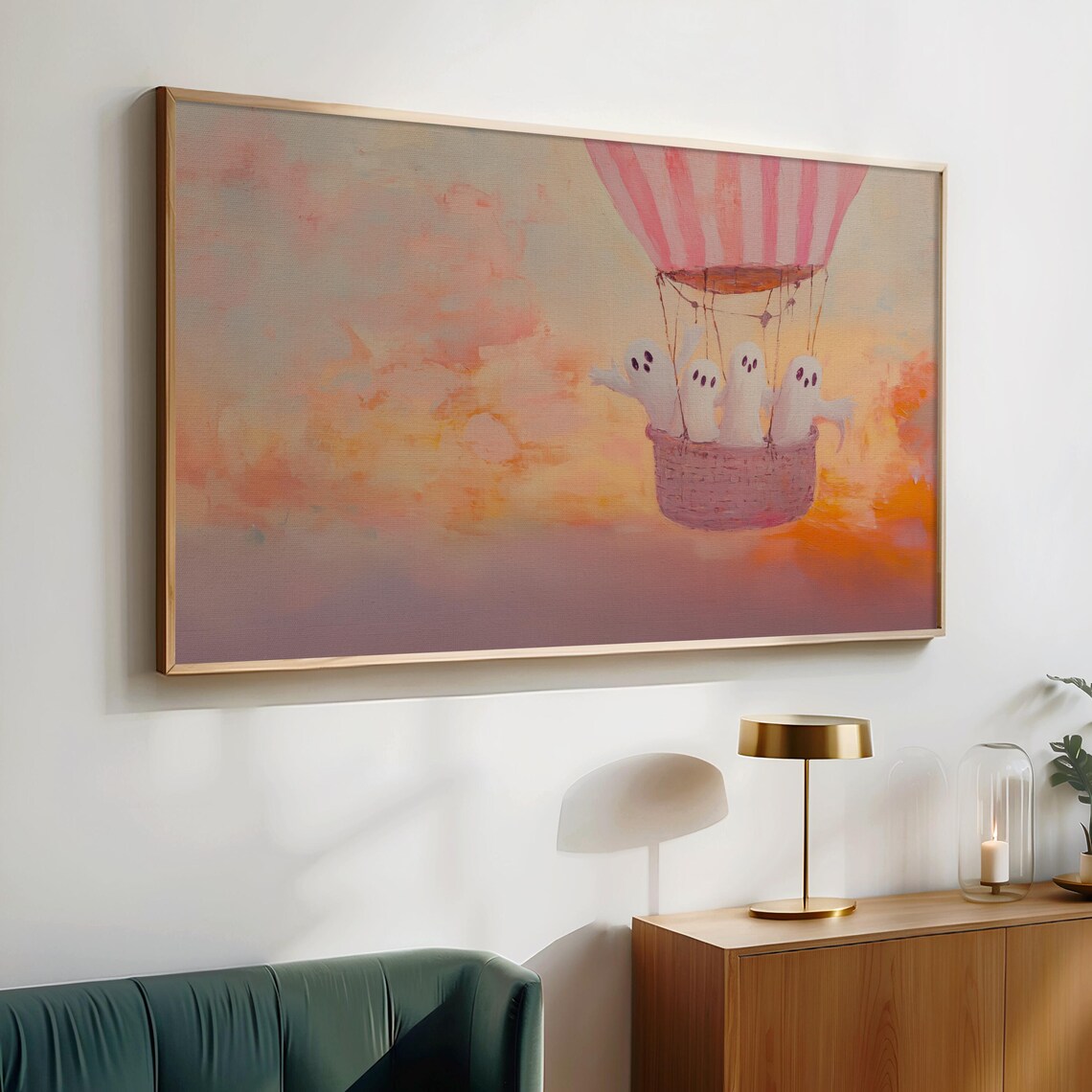 Ghosts Riding a Pink Hot Air Balloon at Sunset Whimsical Halloween Wall Art - Image 4