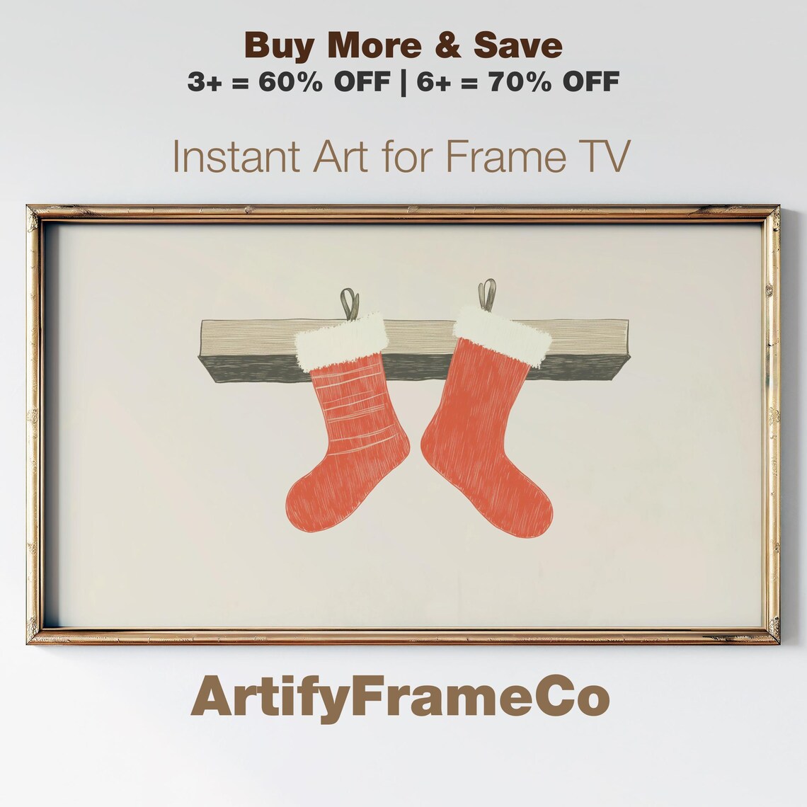 Red Christmas Stockings On Wooden Mantel Frame TV Holiday Poster