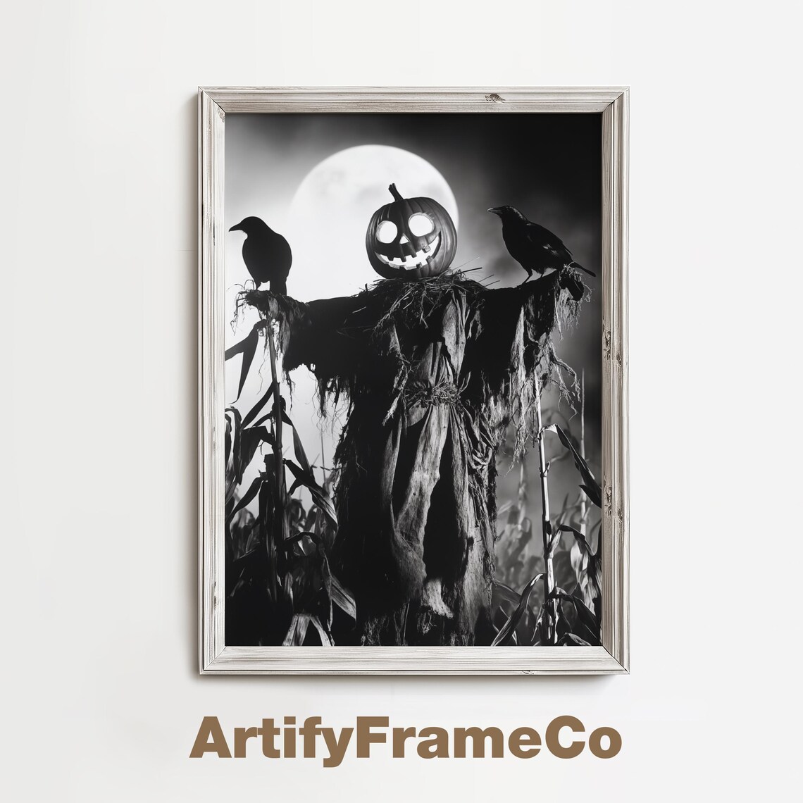 Pumpkin Head Scarecrow With Crows Under Full Moon Black White Halloween Wall Art