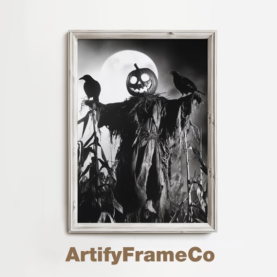 Pumpkin Head Scarecrow With Crows Under Full Moon Black White Halloween Wall Art