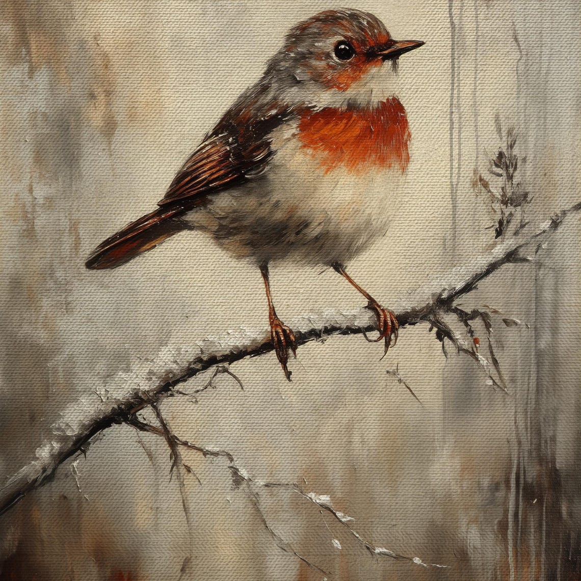 European Robin Snowy Branch Soft Winter Songbird Painting Poster - Image 4
