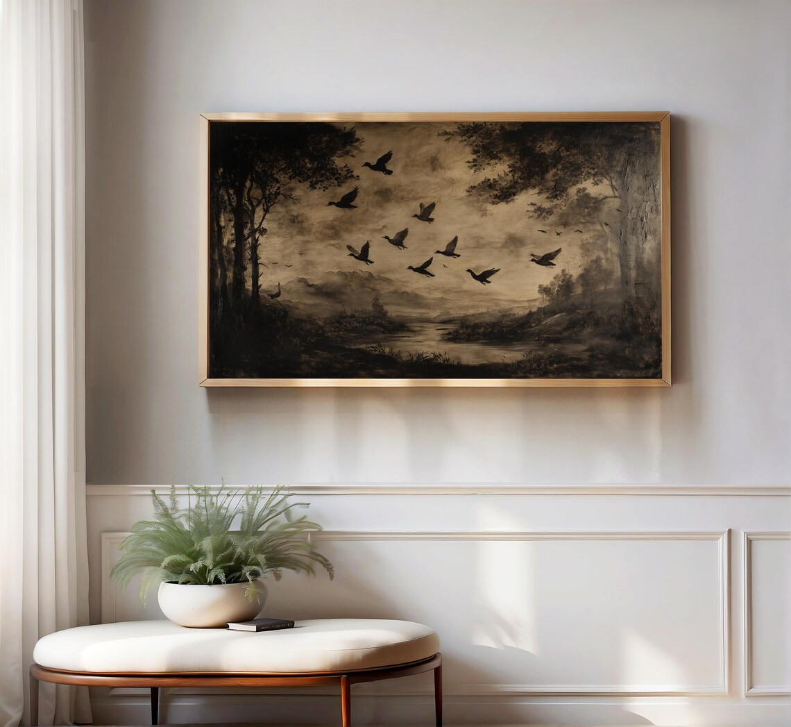 Vintage Bird Flock Silhouette Over Misty Lake Sepia Nature Wall Art Poster - Image 3