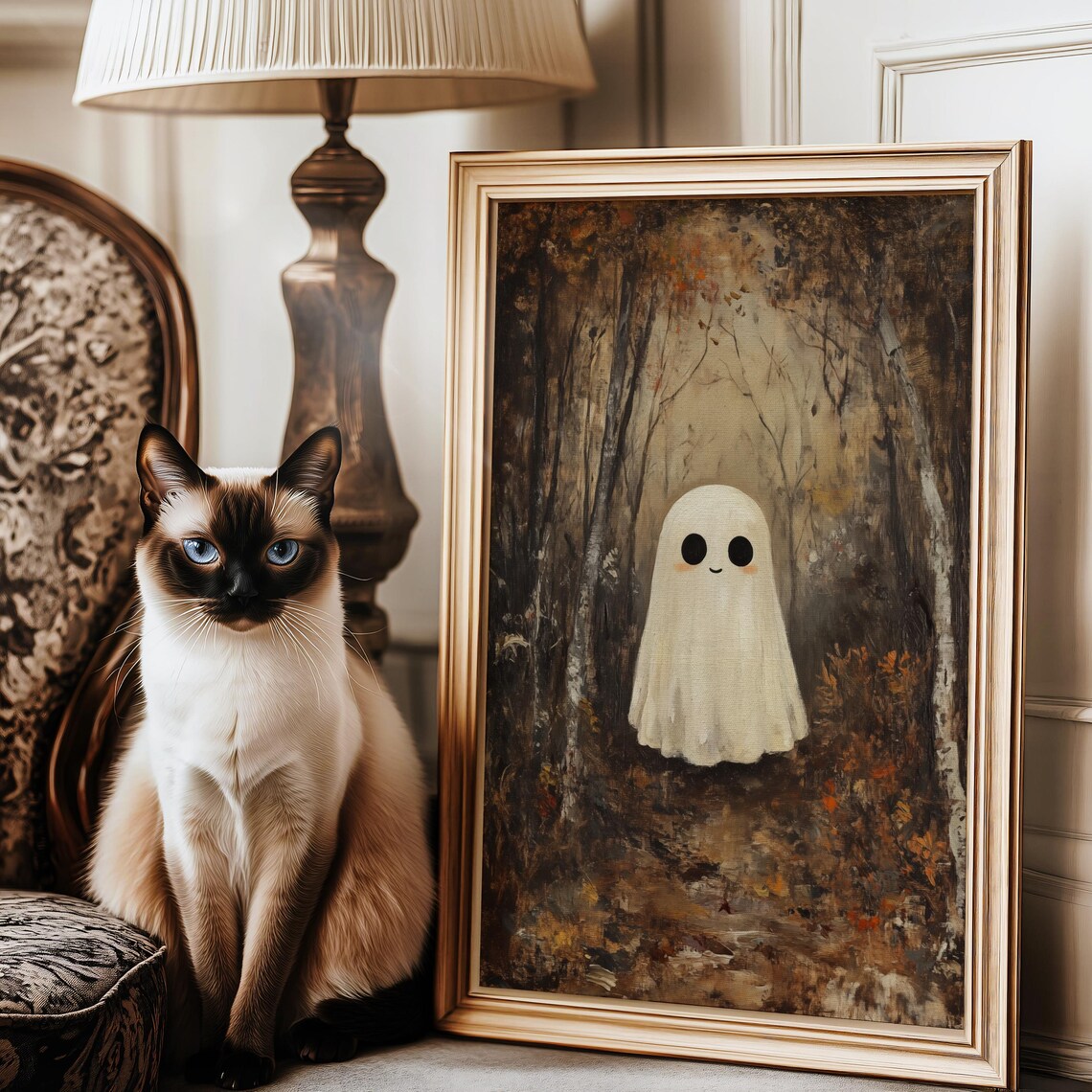 Smiling Ghost in a Dark Autumn Forest Whimsical Vintage Halloween Wall Art - Image 3