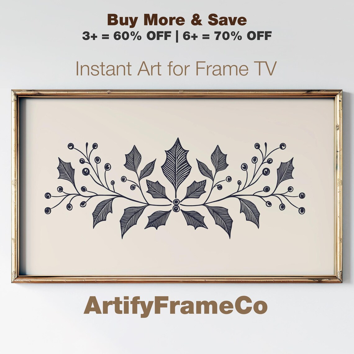 Classic Holly Berries Winter Garland Line Art Frame TV Poster