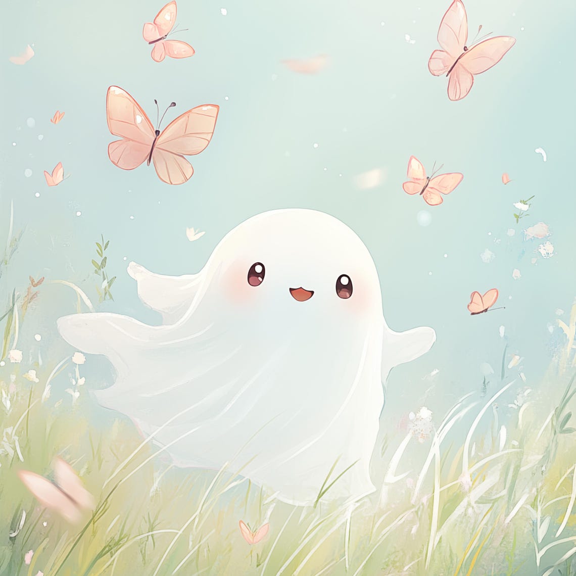 Cute Ghost With Butterflies Art Kawaii Halloween Decor Whimsical Pastel Wall Art Childrens Illustration Art - Image 4