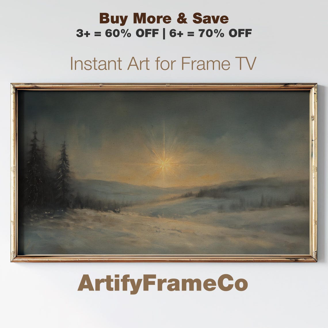 Star of Bethlehem Over Snowy Landscape Dark Moody Night Sky Poster