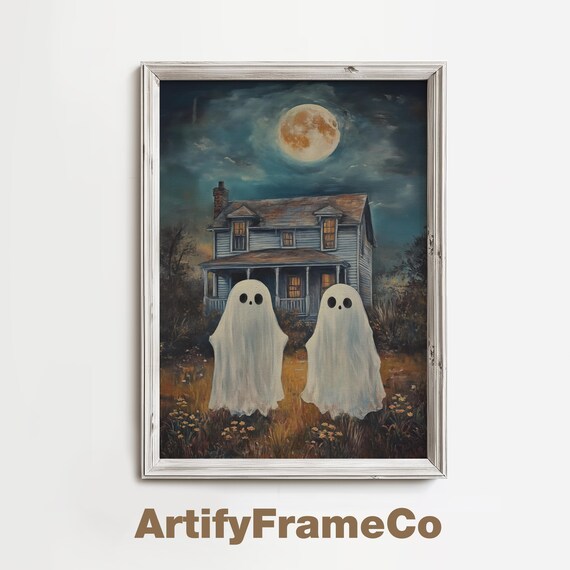 Ghosts By Old House Oil Painting Wall Art Vintage Halloween Decor Spooky Night Scene Moody Ghost Painting