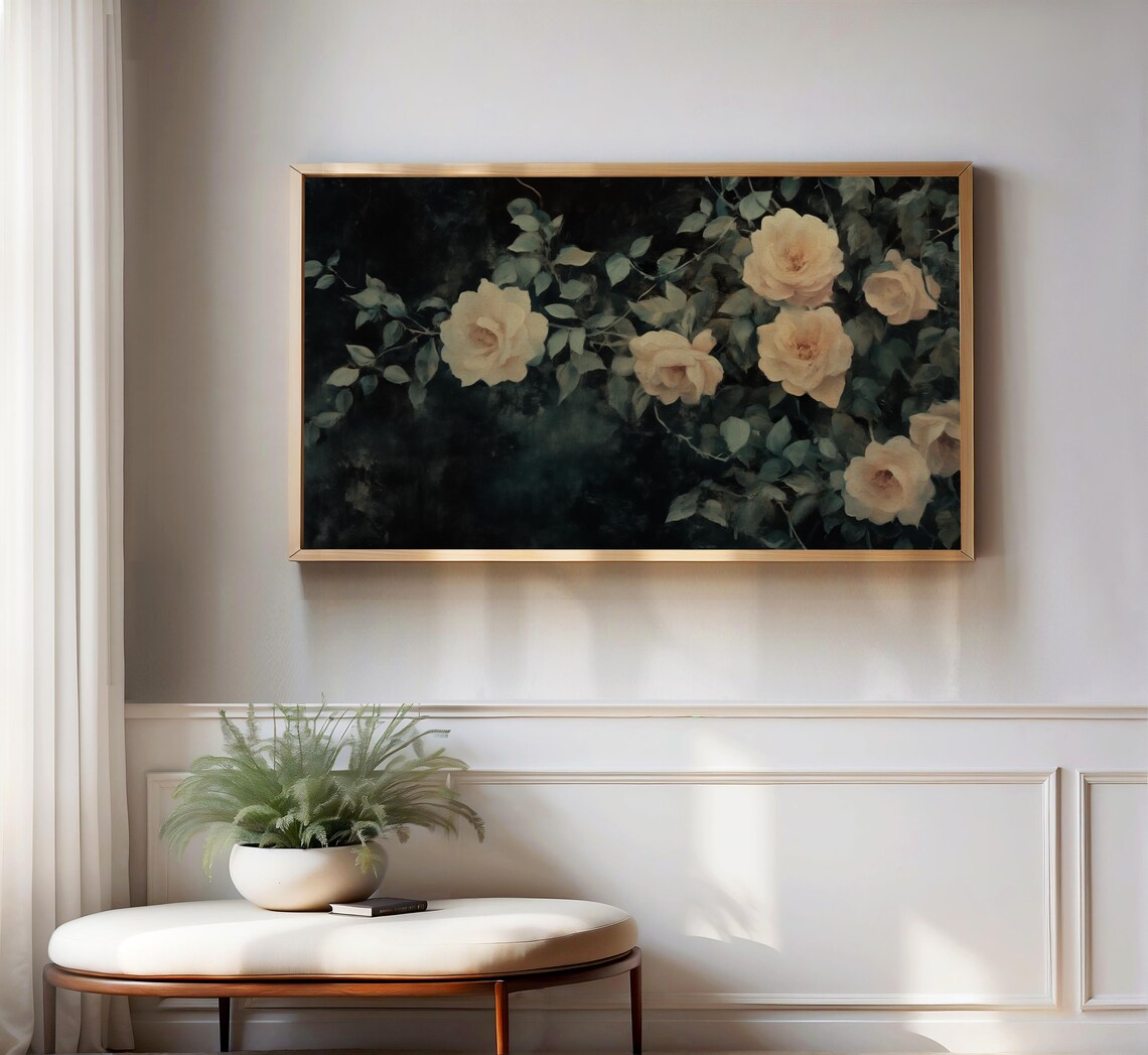 Vintage Yellow Wild Roses Dark Moody Floral Frame TV Art Poster - Image 3