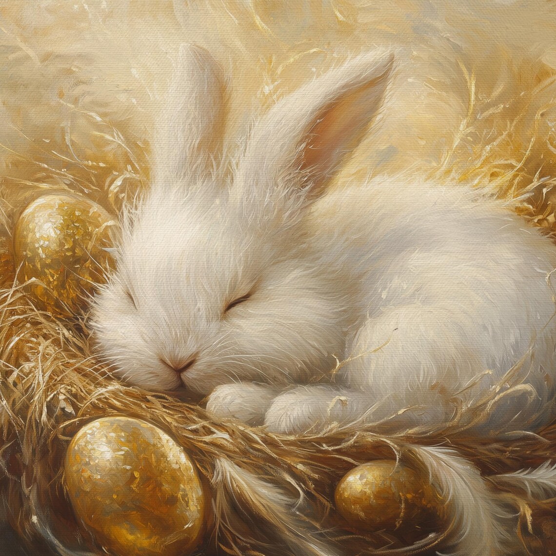 Sleeping Bunny Among Golden Easter Eggs Cozy Spring Wildlife Wall Art Poster - Image 4