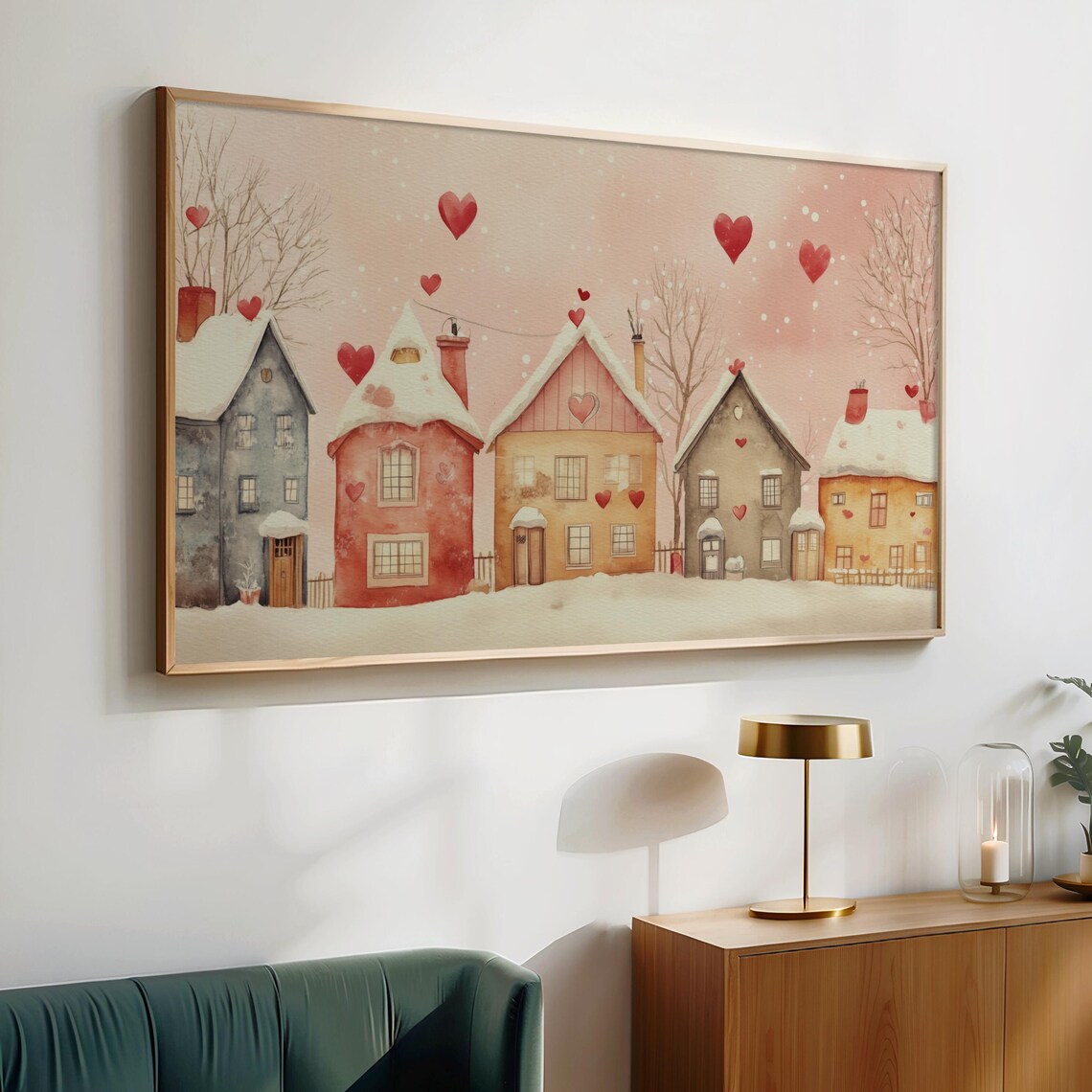 Snowy Pink Valentine Village Hearts Watercolor Winter Wall Art Poster - Image 2