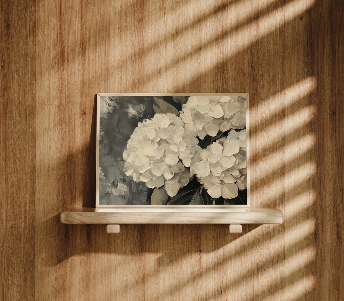 White Hydrangea Blooms Impasto Oil Painting Dark Floral Wall Art Print - Image 3