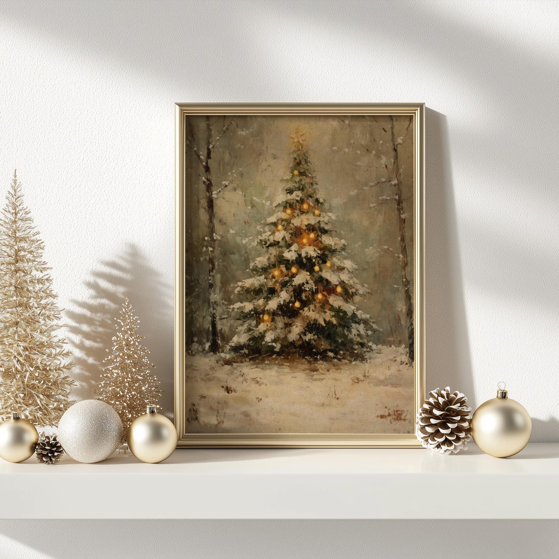 Snowy Christmas Tree in Woods Glowing Lights Winter Wonderland Poster - Image 3