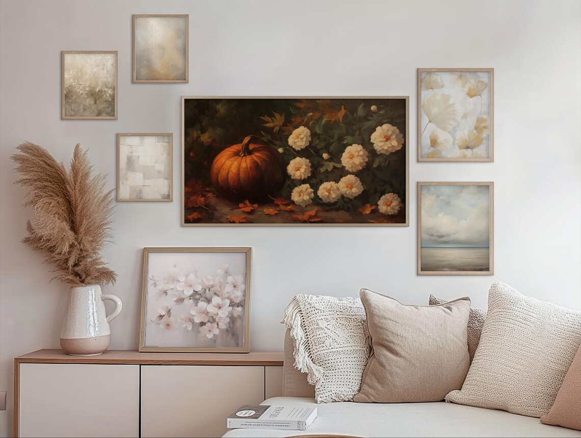 Orange Pumpkin With White Chrysanthemums Autumn Still Life Oil Painting Wall Art - Image 2